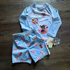 Boys Size 2T Paw Patrol 2-Piece Swim Set Swim Shirt & Swim Trunks Chase NEW